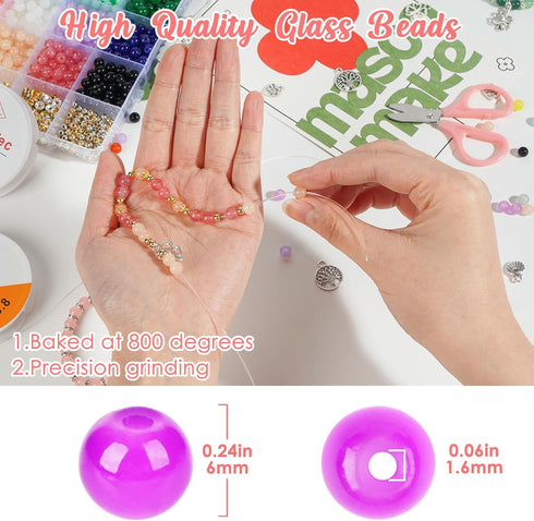 Newlibery 1258Pcs 6mm Glass Beads for Bracelet Making Kit,20 Colors Crystal Jewelry Bead,Craft DIY Set with Elastic String,Charms,Rings,Gift for G...