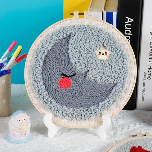 Punch Needle Embroidery DIY Moon and Stars Cross Stitch Hoop Craft Kits Handcraft Embroidery...