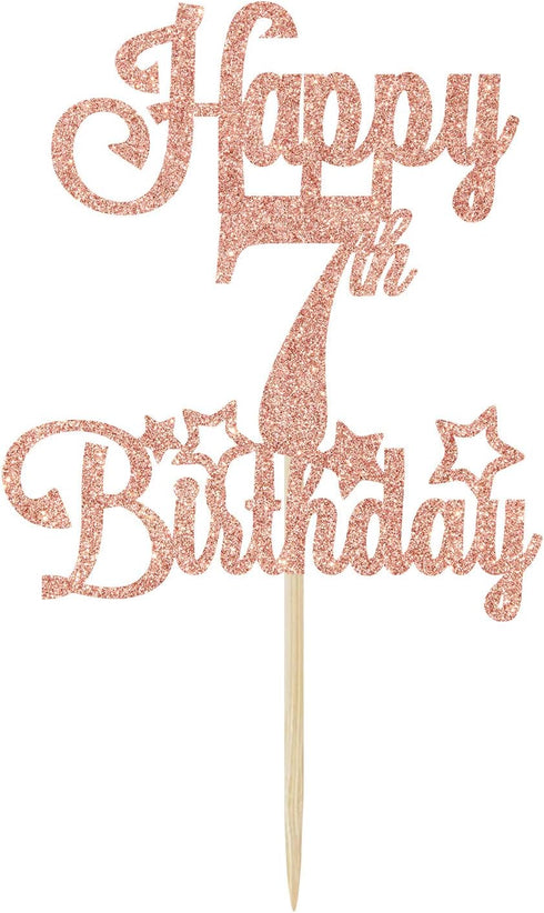 Happy 7th Birthday Cake Topper, Cheers to 7 Years, Hello 7, 7th Birthday Anniversary Party Decorations Rose Gold Glitter....