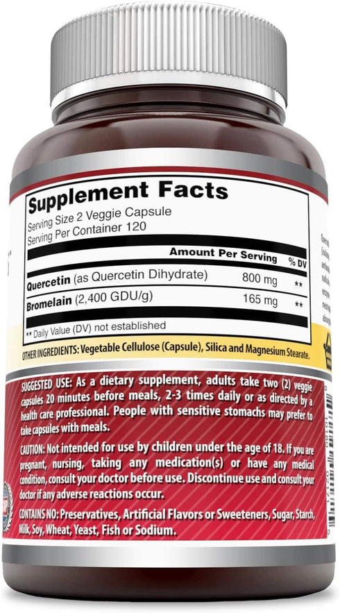 Amazing Nutrition Quercetin 800 Mg with Bromelain 165 Mg Veggie Capsules Supplement | Non-GMO | Gluten Free | Made in USA | Suitable for Vegetaria...