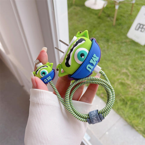 3D Cute Cartoon Charger Protector Case - Compatible for Apple 20W USB-C Power Adapter and Lightning Cable (Green Hat Mike)...