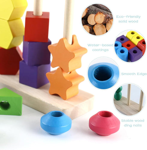 Montessori Beads Sequencing Toy Set, Wooden Stacking Blocks & Lacing Beads & Matching Shape Stacker STEM Preschool Learning Montessori Toys Gifts ...