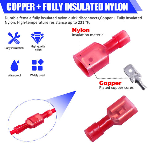 Twidec/100PCS Nylon Spade Connectors Kit 22-18 Gauge Quick Disconnect Fully Insulated Male and Female Wire Spade Terminal Assortment Kit Red N-025...