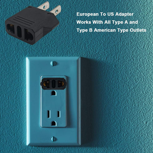 US Plug Adapter, Small European to US Plug Adapter, Black European to American Outlet Plug Adapter, EU to US Adapter, Fireproof Safe Europe/Asia t...
