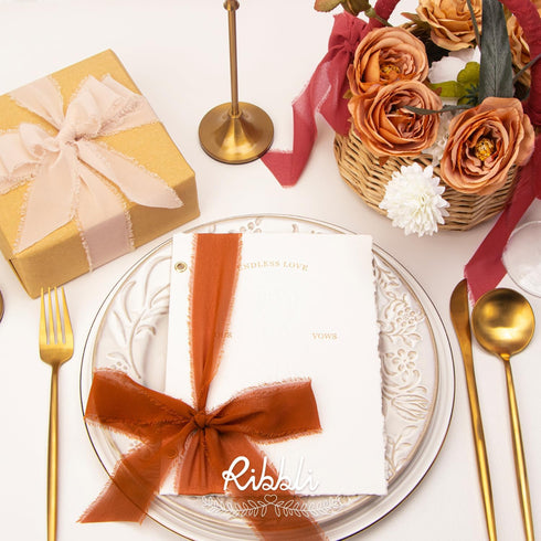 Ribbli Chiffon Ribbon 1.5 inch x 30 Yard Handmade Silk Ribbon,Champagne/Terracotta/Rust Red Fringe Chiffon Fall Ribbon for Wedding Invitations, Br...