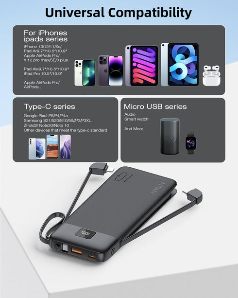 Portable Charger with Built-in Cables&AC Wall Plug,10000mAh Power Bank,PD 22.5W USB-C Fast Charging External Battery Pack with LED Display Compati...