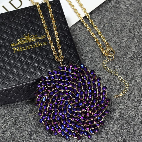 Long Pendant Necklace for Women - Womens Handmade Long Statement Beaded Crystal Large Disc Circle Pendant Gold Plated Sweater Chain Boho Necklaces...