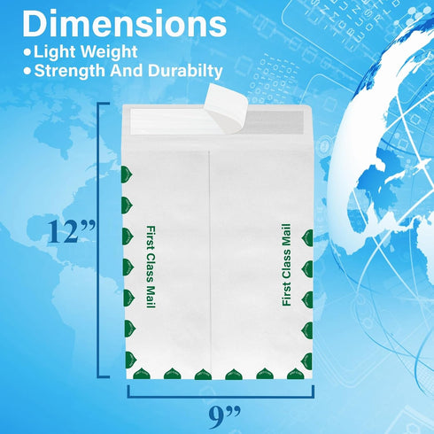 9 x 12 Envelopes, Tyvek Envelopes 9x12 (15 Pack), Catalog Envelopes 9x12, Self Sealing Closure, Tyvek First Class, 14 lb., Puncture, Tear & Moistu...
