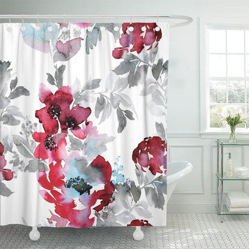 Shower Curtain Blue Large Burgundy Red Watercolor Abstract Flowers Gray Foliage Waterproof Polyester Fabric 72 x 72 Inches Set with Hooks...