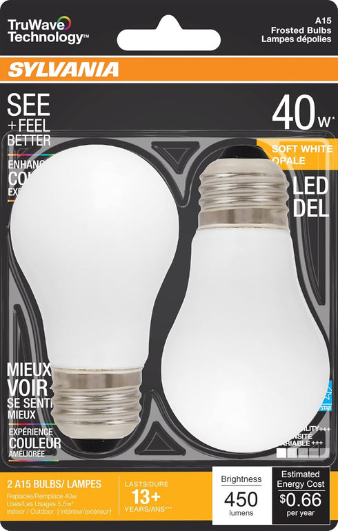 SYLVANIA LED TruWave Natural Series Ceiling Fan / Fixture Light Bulb, 40W A15 Soft White Medium Base, Dimmable, Frosted - 2 Pack...