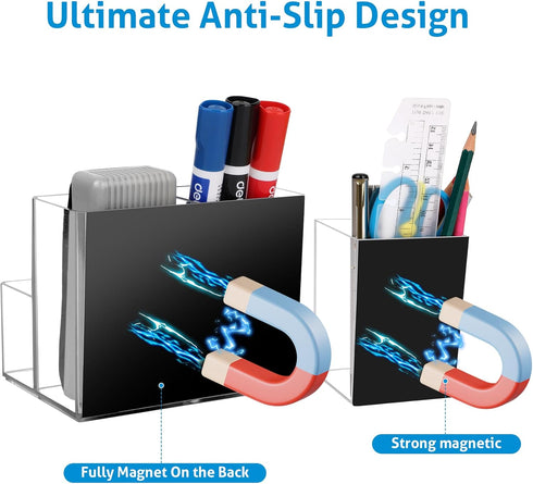 2 Pack Magnetic Pen Holder, Acrylic Magnetic Dry Erase Marker Holder with Full Magnet Back and 4 Compartments, Magnetic Pencil Cup Locker Organize...