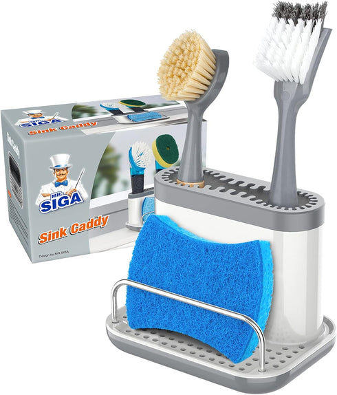 MR.SIGA Sink Caddy, Kitchen Sink Organizer Sponge Brush Holder with Drip Tray, White & Gray...