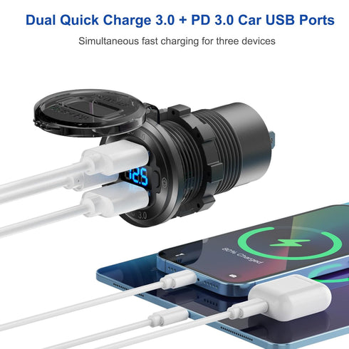 12V USB Outlet Boat Accessories Marine Switch Panel Plug, PD3.0 and Dual QC3.0 USB Ports Aluminum Car Charger with Voltmeter, Lighted 150W Cigaret...