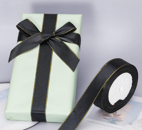 YASEO 25 Yards 1 Inch Black Satin Ribbon with Gold Edges, Gold Border Fabric Ribbons for Gift Wrapping and Crafts...