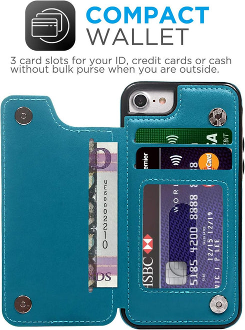 Compatible with iPhone 7 & 8 (4.7 inch) Flip Case, Blue Synthetic Leather Butterfly Embossed Kickstand Card Holder Wallet Case with Credit Card Sl...