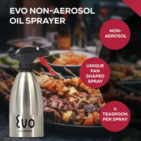 Evo 18/8 Stainless Steel Oil Sprayer, Non-Aerosol for Olive Oil, Cooking Oils, and Vinegars, Silver, 16-Ounce Capacity...