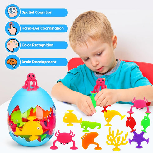 Toddler Suction Bath Toys: 18PCS Ocean Silicone Suction Cup Toys with Eggshell & Bag No Hole Mold Free Bathtub Shower Toys for Kids Ages 1-3 4-8 S...