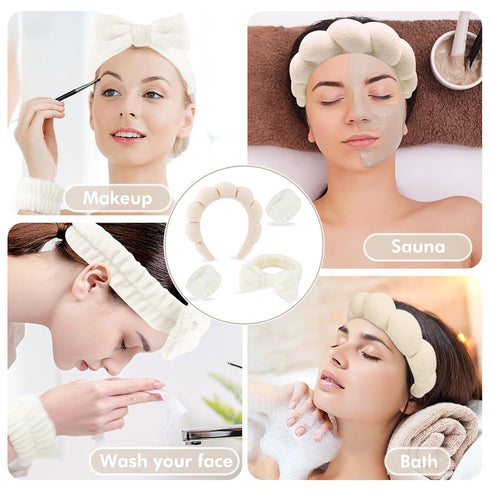 4Pcs Spa Headband for Washing Face Wristband Set Sponge Makeup Skincare Terry Cloth Headband Bubble Soft Get Ready Hairband Women Puffy Padded Hea...