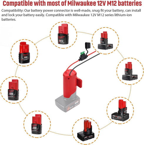 M12 Battery Adapter with Fuse,Power Wheels Adapter for Milwaukee 12V,14 Gauge Wire Power Convertor for DIY RC Trucks, RC Toys, Robotics, Work Ligh...