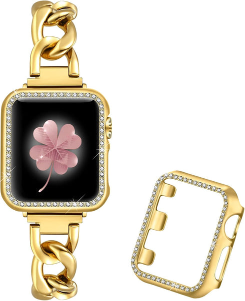 Dilando Cool Chain Metal Link Bands Compatible with Apple Watch 38mm 40mm 41mm Women Men, Gold Stainless Steel Bracelet with Bling Case for Iwatch...