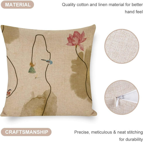 Chinoiserie Throw Pillow Cover Lotus Ink Painting Flowers Pillow Cases Farmhouse Home Decor for Room Couch Patio Porch Outdoor 18"x18"...