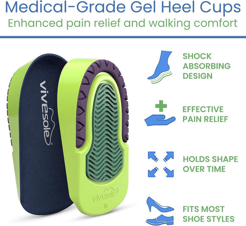 Gel Heel Cups for Pain Relief (Pair) - Shock Absorbing Pads for Plantar Fasciitis, Achilles Tendonitis, Bone Spurs, Flat Feet - Heavy Duty Cushion...