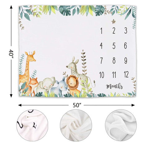 Popfavors, Yuzioey Safari Baby Monthly Milestone Blanket - Jungle Animals Growth Chart for Nursery Decor - White, 50Inx40In - Includes Marker...