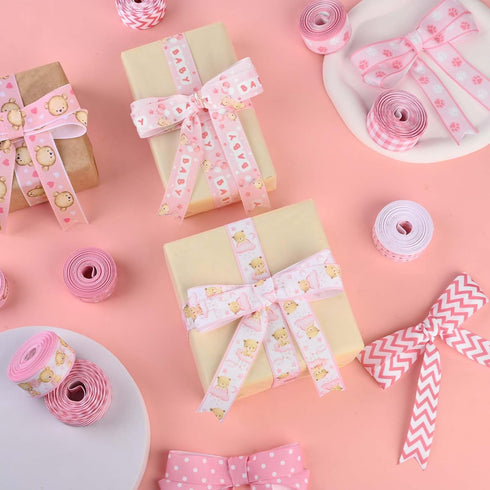 10Rolls Pink Baby Shower Grosgrain Ribbon Pink Bear Heart Paw Printed Ribbon for Baby Shower Diaper Cake Decorations Birthday Party DIY Craft...