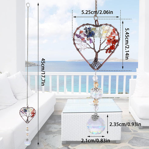 Rainbow Crystal Sun Catcher, Tree of Life Suncatchers Heart Shaped Hanging Ornament Chakra Stones Window Crystal Ball Prism Pendant Garden Home Ca...