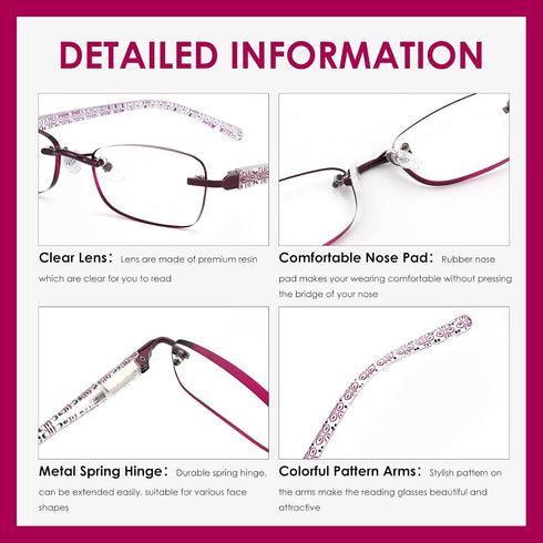 3 Pack Rimless Reading Glasses for Women Blue Light Blocking Readers Tinted Edge Spring Hinge Pattern Print Arm Eyeglasses Mix 2.00...