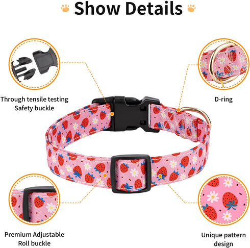 Dog Collar,Personalized Adjustable Cute Puppy Collars for Girl Female Boy Dogs Strawberry Patterned Design,Soft Pet Collar with Safe Buckle for Sm...