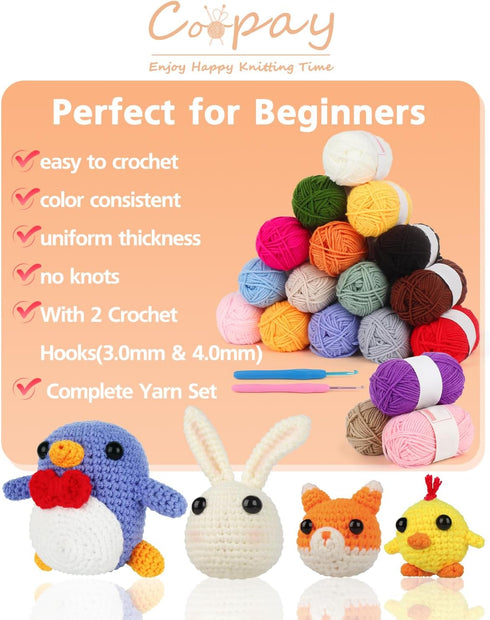 Coopay 25gx18 Colors Crochet Yarn Pack with Crochet Hooks (3mm+4mm), 1377yd Acrylic Yarn for Crochet Animal Kit, Multicolor Yarn Set 4ply Soft Yar...
