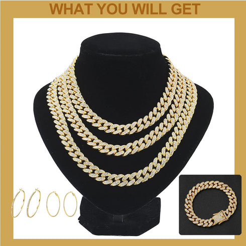 FUNOJOY Cuban Link Chain Jewelry Sets for Women Rhinestone Hoop Earrings Necklace Bracelet Set Bling Diamond Hip Hop Jewelry for Women Girls...