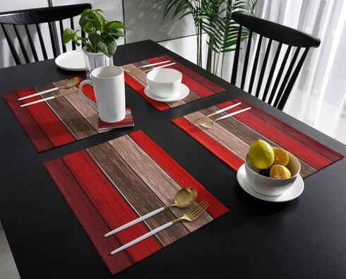 Vandarllin Christmas Red Brown Placemats Set of 6, Retro Rustic Barn Wood Texture Polyester Stain Resistant Table Mats Washable Placemat Decoratio...