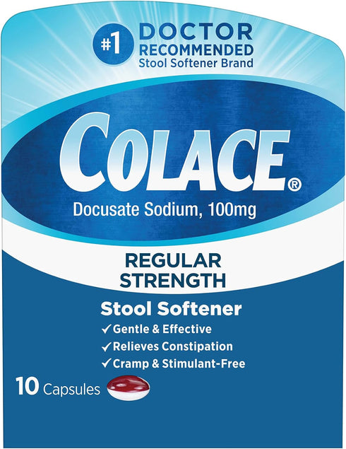 Colace Regular Strength Stool Softener, 100 mg Capsules, 10 Count, Docusate Sodium Stool Softener for Gentle, Dependable Relief...