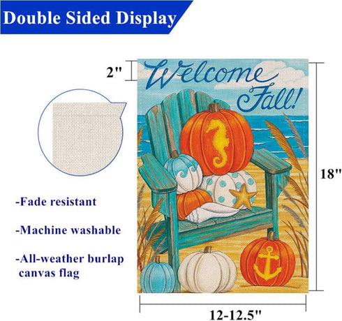 Welcome Fall Garden Flag Home Decorative Blue White Pumpkin House Yard Outside Beach Small Flag Autumn Nautical Seahorse Coastal Decoration Ocean ...