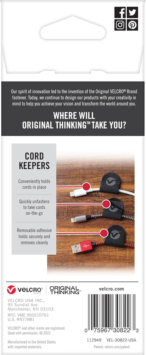 VELCRO Brand Cord Keepers | Soft Nylon Cable Clips Organize Wires in Home, Office, Desk or Nightstand | Removable Adhesive Back Holds Secure, Remo...