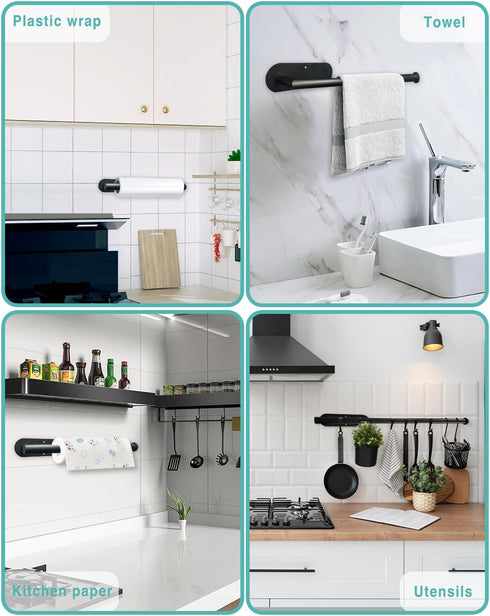Paper Towel Holder, Self Adhesive or Drilling Paper Towel Holder Under Cabinet, Stainless Steel Black Paper Towel Holder Wall Mount for Kitchen, B...