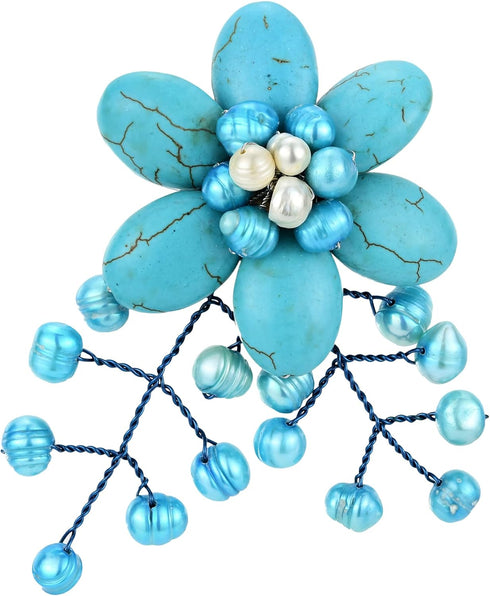 Nature Loving Simulated Turquoise-Cultured Freshwater Pearl Floral Drape Pin Brooch...