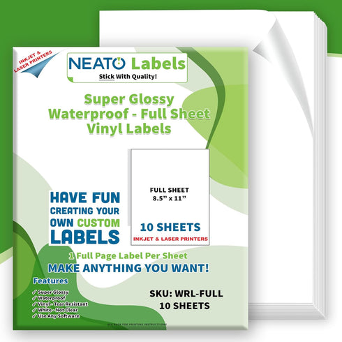 Printable Vinyl Sticker Paper (8.5" x 11") - 10 Super Glossy Waterproof Labels for Inkjet and Laser Printers - Premium White Full Sheets - Strong ...