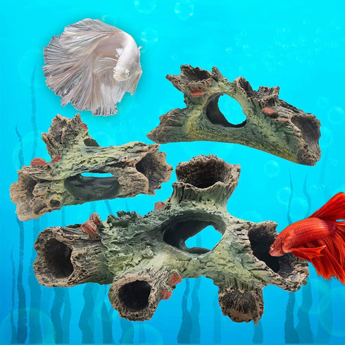 TIHOOD 3PCS Decaying Trunk Aquarium, Betta Fish Ornament, Freshwater Ornament - Resin Aquarium Decoration Log, Fish Tank Wood with Holes and Aquar...