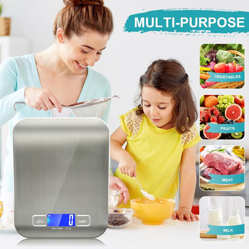 Food Scale, 11lb Kitchen Scale with 6 Units Tare Function & LCD Display, 0.05oz/1g Stainless Steel Digital Food Scale Grams and Ounces for Baking,...