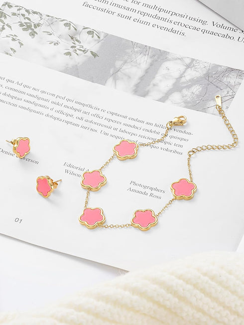 Four Leaf Clover Earring and Bracelet Set for Women Lucky Flower 14K Gold Jewelry...