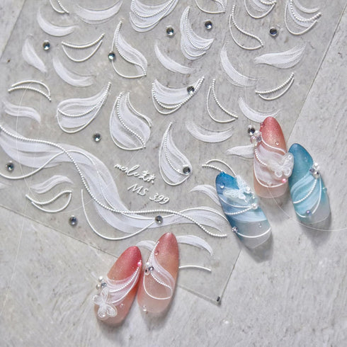 White Streamer Nail Art Stickers 5D Embossed Engraved Nail Decals Rhinestones Design Nail Supplies Reliefs Ribbon Nail Stickers for Nail Art Self-...