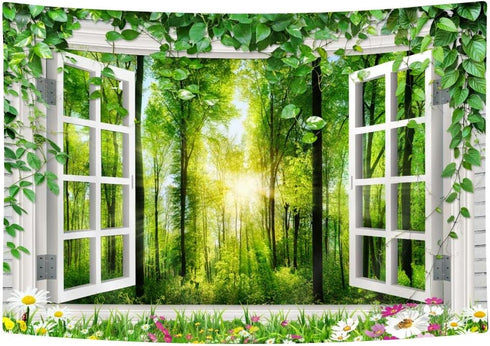 Forest Nature Landscape Tapestry, Summer Lush Plant Tree Window Wall Art Tapestries, Flower Sunflower Vine Tapestry Wall Hanging for Bedroom Livin...