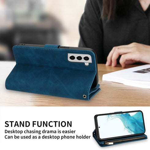 ZZXX for Samsung Galaxy S22 Case Wallet with Card Slot Premium Soft PU Leather Zipper Flip Folio with Wrist Strap Kickstand Protective Case (Blue-...
