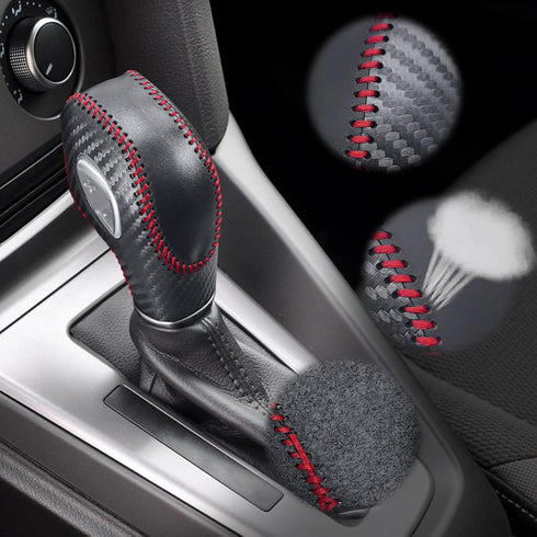 Compatible with DIY Genuine Leather Carbon Fiber Texure Gear Shift Knob Cover Interior Accessories Protective Cover for Ford Focus Mondeo Fusion E...