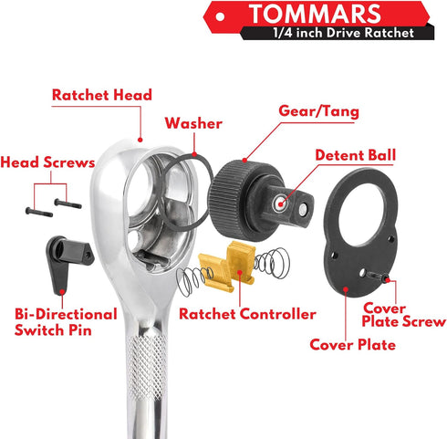 TOMMARS 1/4-Inch Drive Stubby Ratchet Mini Ratchet Quick-Release Head 72-Tooth...
