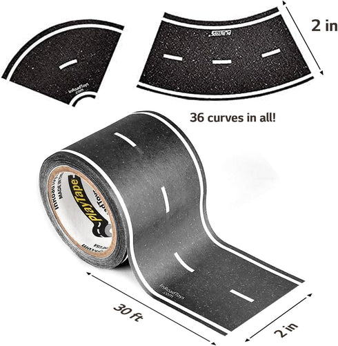 PlayTape Tape and Curves for Toy Cars - 1 Roll of 30 ft. x 2 in. Black Road + 1 Roll of 36 Curves...