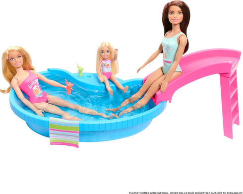 Barbie Doll & Pool Playset, Brunette in Seafoam Blue One-Piece Swimsuit with Pool, Slide, Towel & Drink Accessories...